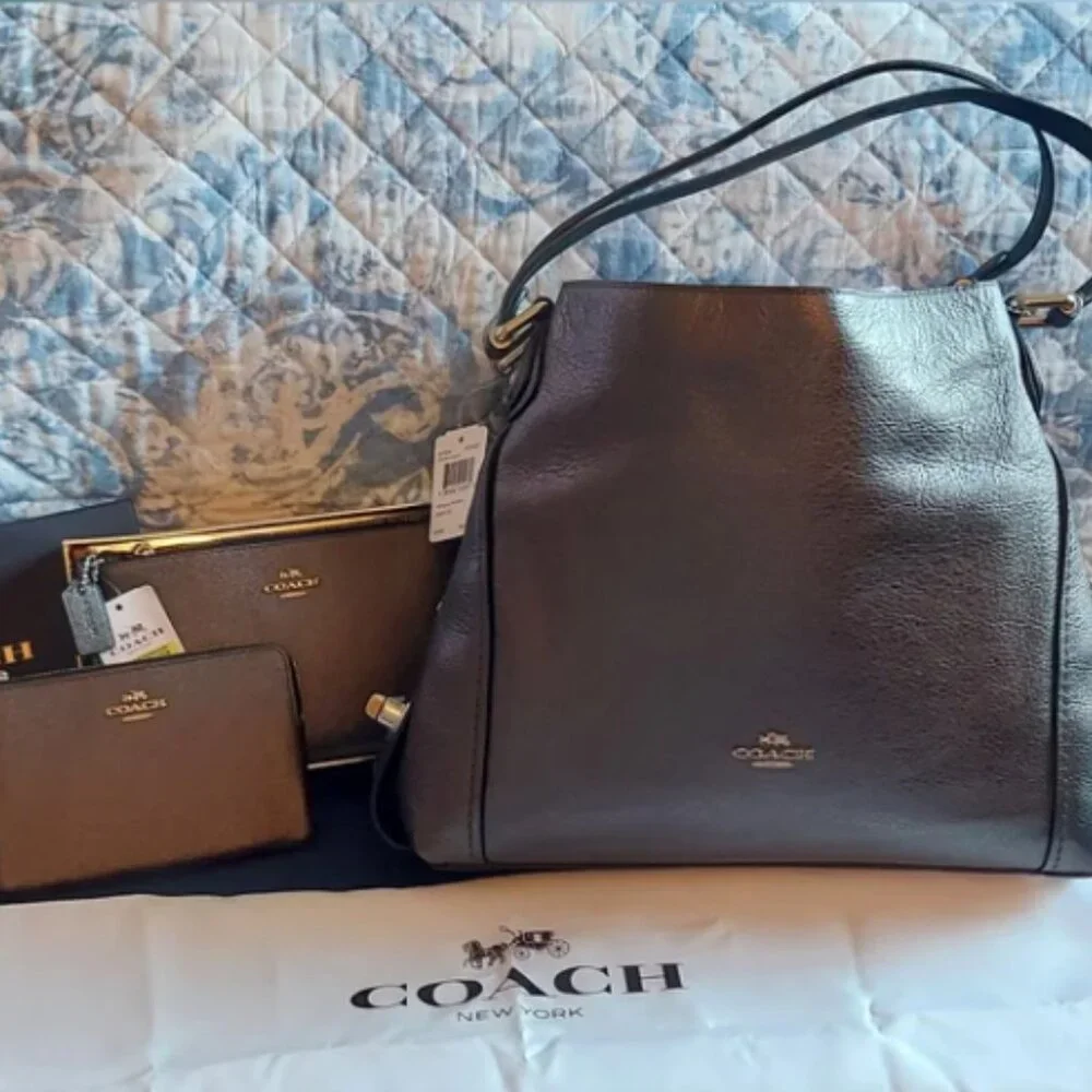 NWT COACH METALLIC GRAPHITE SATCHEL - 3 Piece Set - Coach Leather Edie H… - Picture 11 of 11